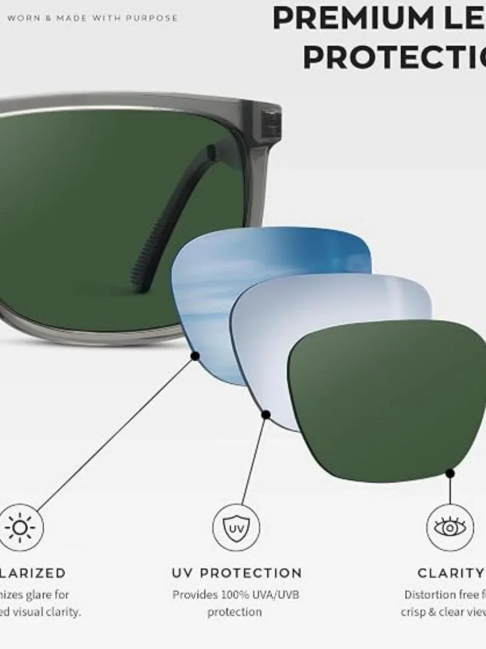 Crystal Grey Flat Top Square Polarized Sunglasses Men Smoke Green Lens